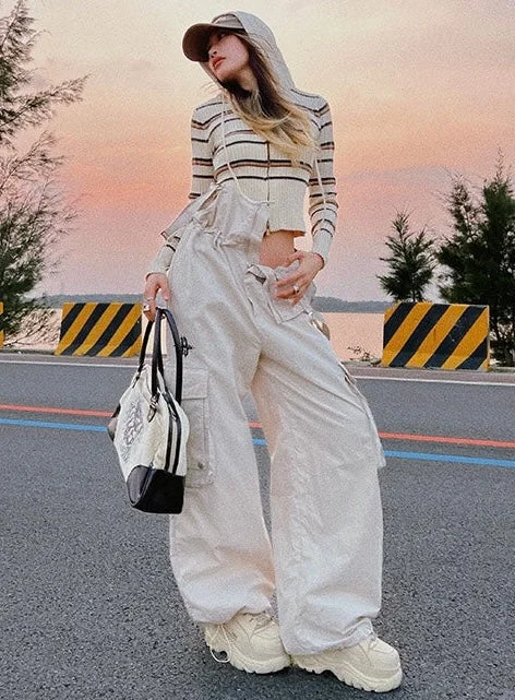 Beer Bro Club 13 Solid Color Apricot Multi Pocket Baggy Straight Leg Jumpsuit Pants Cotton jumpsuit, Casual, Comfortable, Trendy