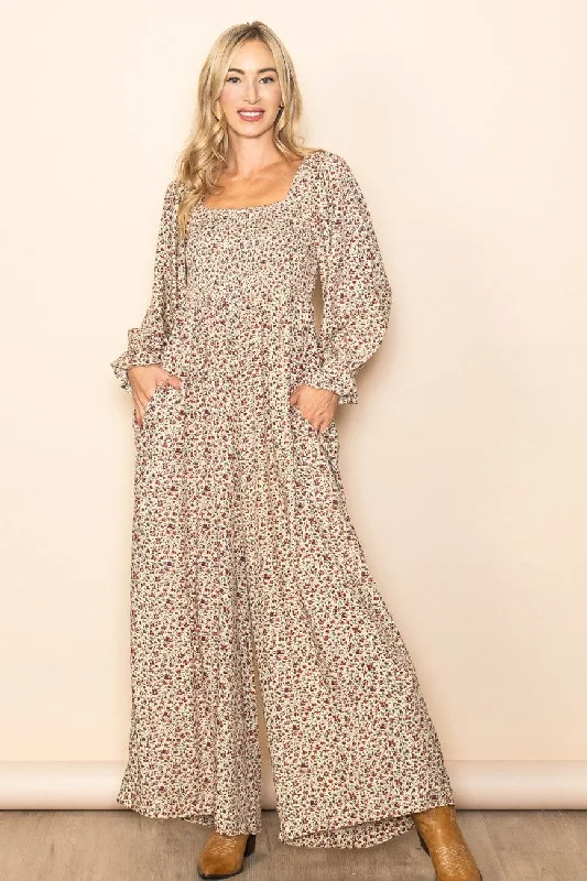 Beige Floral Smocked Wide Leg Jumpsuit Boho chic jumpsuit, Relaxed, Comfortable, Trendy