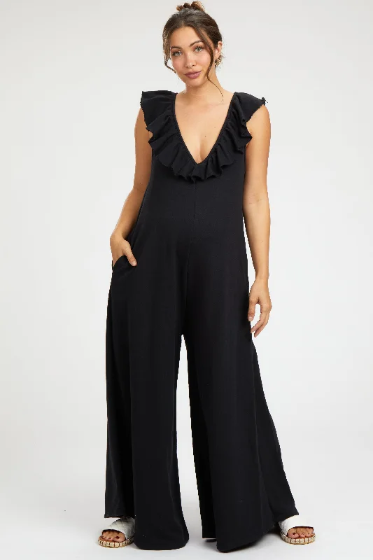 Black Ruffle Accent Wide Leg Maternity Jumpsuit Solid color jumpsuit, Sleek, Minimalist, Trendy