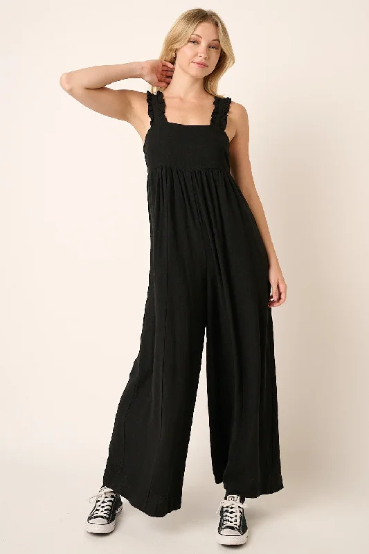 Black Ruffle Trim Back Tie Jumpsuit Sporty jumpsuit, Casual, Comfortable, Athletic