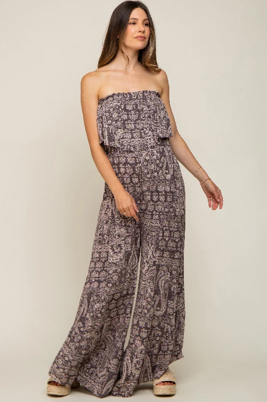 Blue Paisley Strapless Ruffle Wide Leg Maternity Jumpsuit Short jumpsuit, Casual, Summer, Trendy