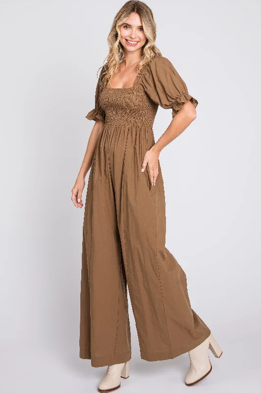 Brown Smocked Square Neck Wide Leg Jumpsuit Loose fit jumpsuit, Casual, Comfortable, Stylish