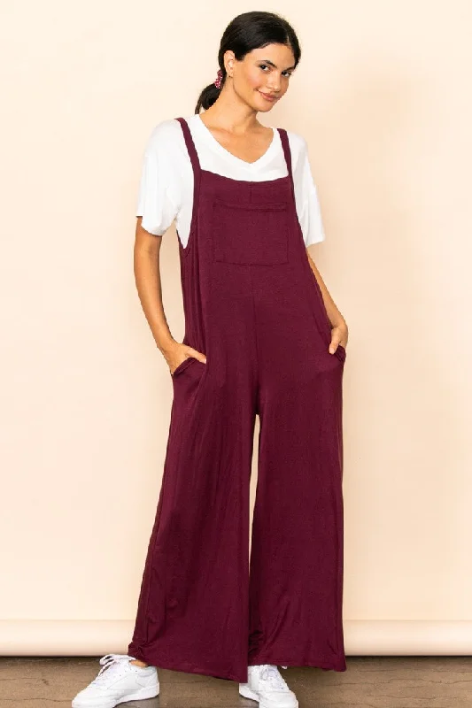 Burgundy Sleeveless Pocketed Wide Leg Jumpsuit Ruffle hem jumpsuit, Feminine, Trendy, Elegant