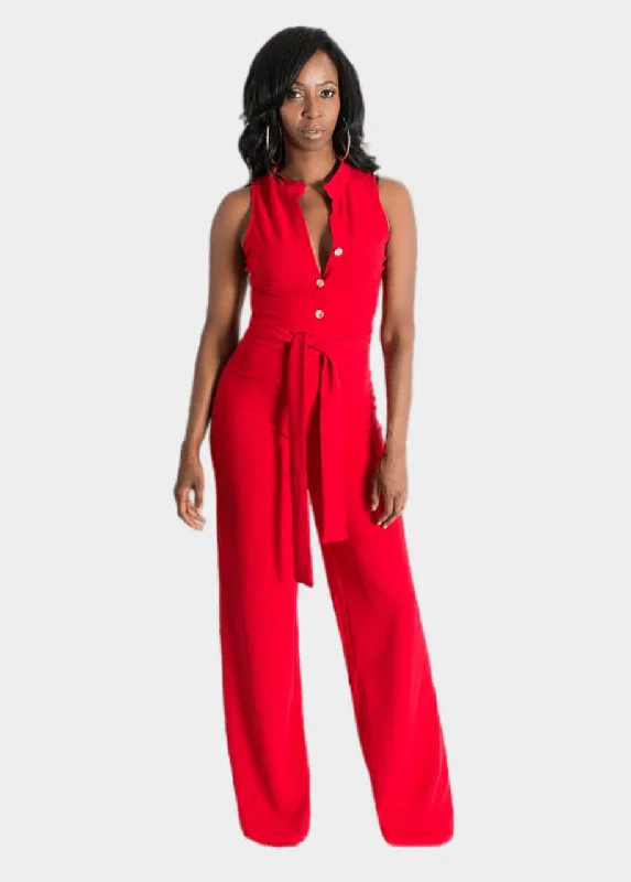 Button Up Jumpsuit - Red Zipper front jumpsuit, Casual, Trendy, Comfortable