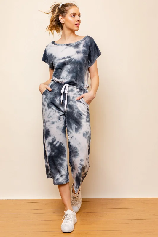 Navy Blue & White Tie Dye Short Sleeve Jumpsuit Pleated wide leg jumpsuit, Elegant, Chic, Feminine