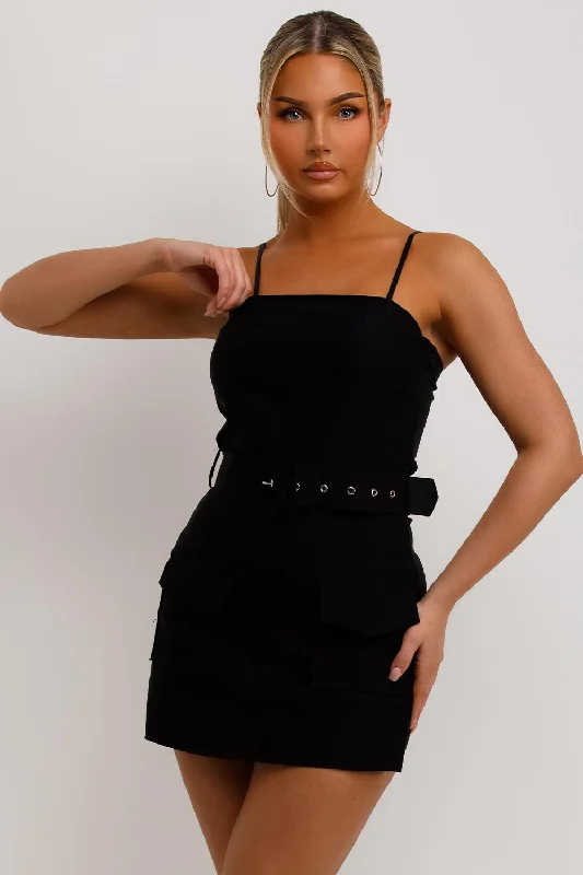 Cargo Playsuit With Belt Black Summer jumpsuit, Light fabric, Comfortable, Fashionable