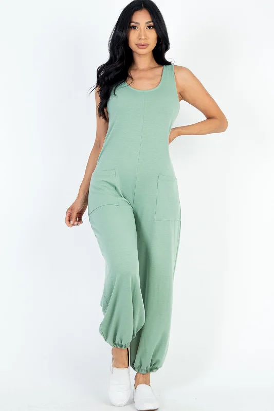 Relaxed French Terry Sleeveless Scoop Neck Jumpsuit with Front Pocket Plus size jumpsuit, Curvy fit, Elegant, Comfortable