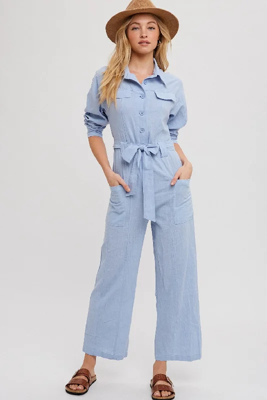 Chambray Button Down Tie-Waist Shirt Jumpsuit Ruffle jumpsuit, Feminine touch, Trendy, Party wear