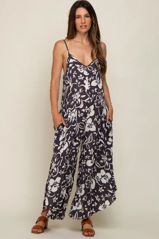 Charcoal Tropical Floral V-Neck Round Hem Maternity Jumpsuit Jumpsuit with pockets, Relaxed fit, Casual wear, Stylish