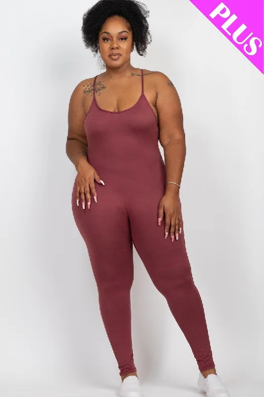 Plus Size Solid Bodycon Cami Jumpsuit Jumpsuit with belt, Waist tie, Elegant, Slim fit