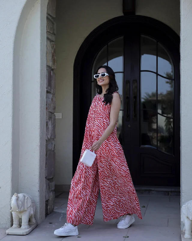 TIGER Printed red sleeveless Jumpsuit Jumpsuit with lace details, Feminine, Elegant, Stylish