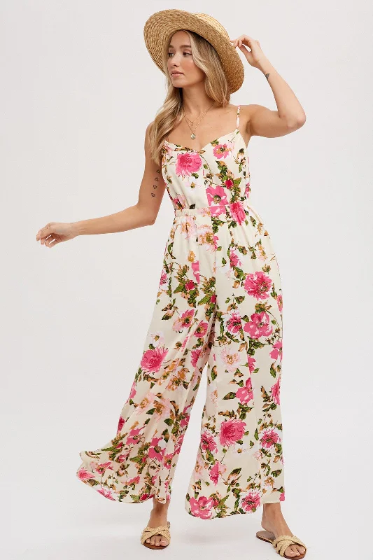 Cream Open Back Floral Print Sleeveless Jumpsuit Pleated jumpsuit, Elegant, Fashion forward, Feminine
