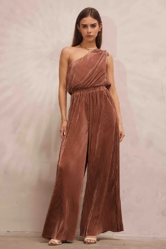 Dark Bronze Asymmetric Pleated Jumpsuit Sporty jumpsuit, Athletic, Casual, Trendy