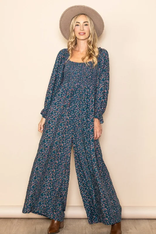 Dark Teal Floral Smocked Wide Leg Jumpsuit Wide leg jumpsuit, Casual, Trendy, Chic
