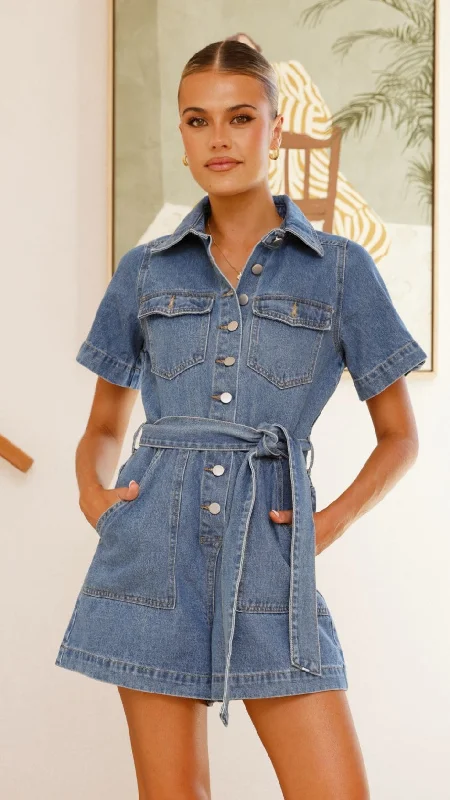 Emma Playsuit - Denim Jumpsuit with wide straps, Simple design, Comfortable, Trendy
