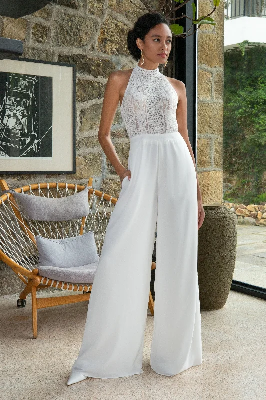 Floor Length Chiffon Lace Wedding Jumpsuit CW2354 Button-up jumpsuit, Relaxed fit, Trendy, Comfortable