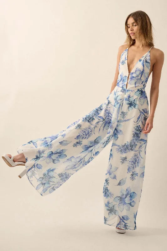 Garden Light Floral Chiffon Wide-Leg Cami Jumpsuit Classic black jumpsuit, Elegant, Simple, Night out