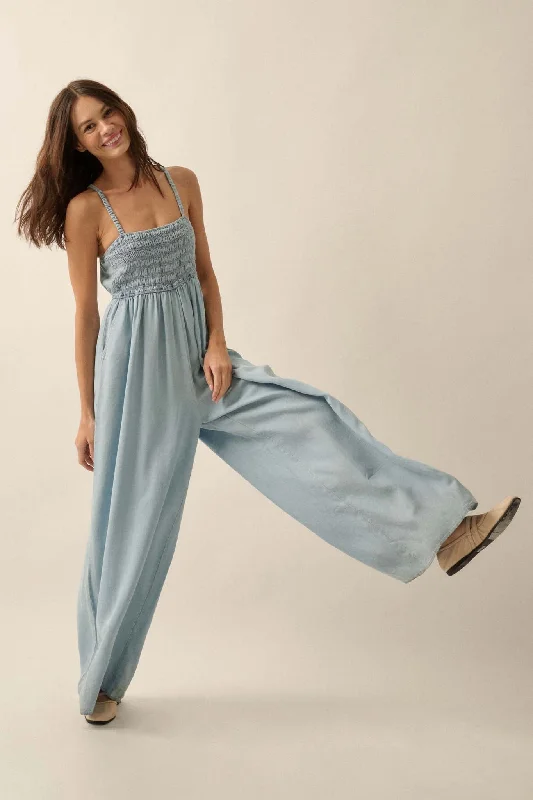 Into the Blue Smocked Denim Wide-Leg Jumpsuit Short jumpsuit, Casual, Summer fashion, Comfortable