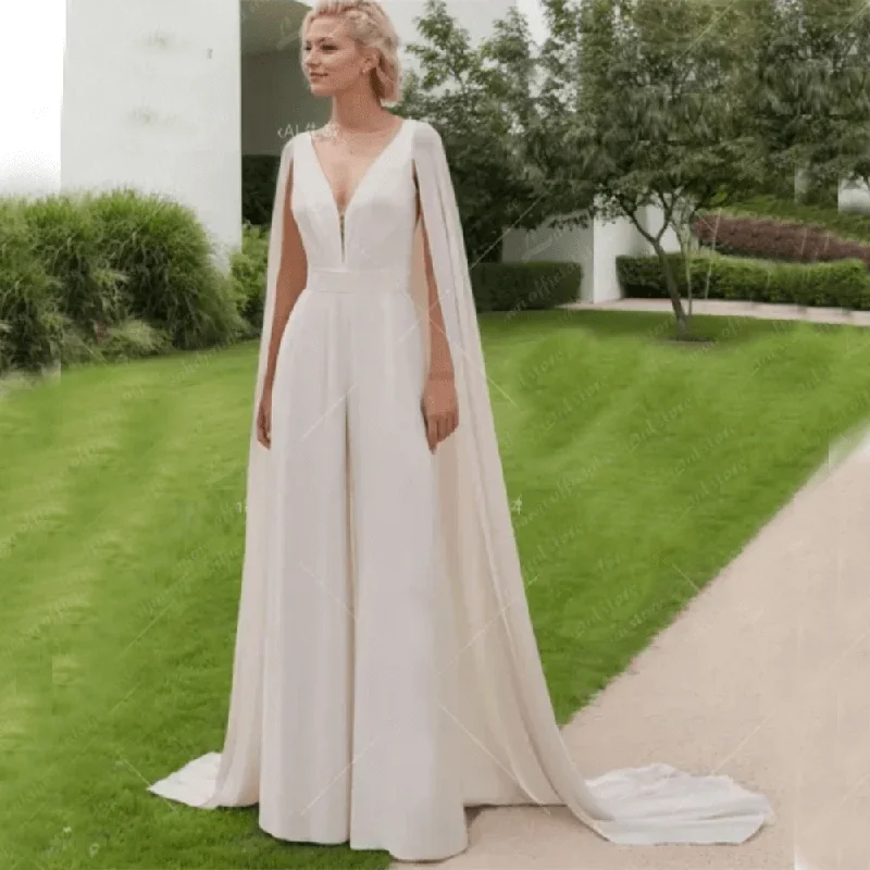 Chic & Sexy Custom Ivory Wedding Jumpsuit with Cape - V-Neck Bridal Pantsuit Denim romper jumpsuit, Casual, Comfortable, Trendy