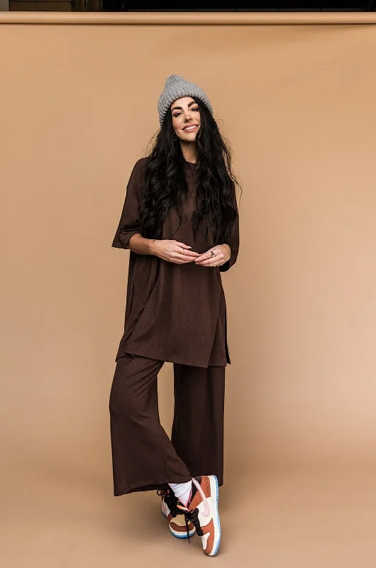 Lex Ribbed Playsuit in Mocha Striped wide leg jumpsuit, Relaxed fit, Comfortable, Fashionable