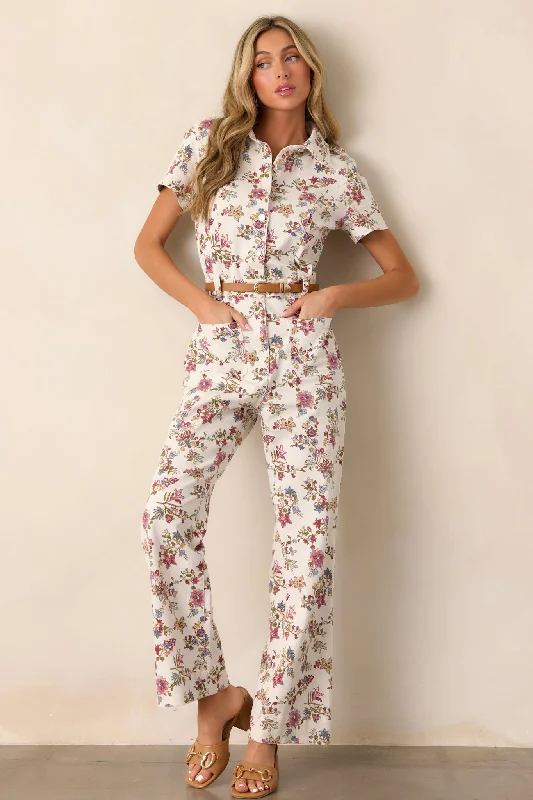Landslide Harmony Ivory Floral Denim Jumpsuit White jumpsuit, Chic, Elegant, Summer wear