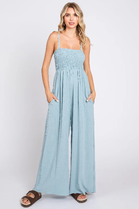 Light Blue Smocked Linen Wide Leg Jumpsuit Sleeveless backless jumpsuit, Sexy, Elegant, Comfortable