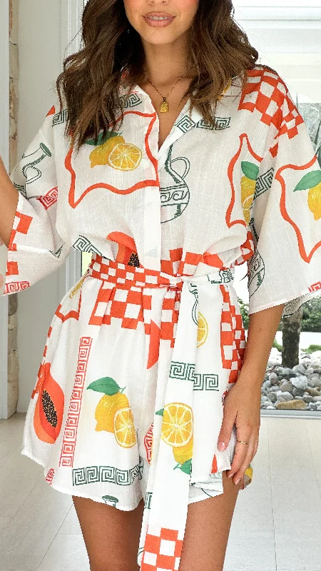 Margie Playsuit - Lemon / Papaya Print Flared leg jumpsuit, Retro style, Trendy, Casual