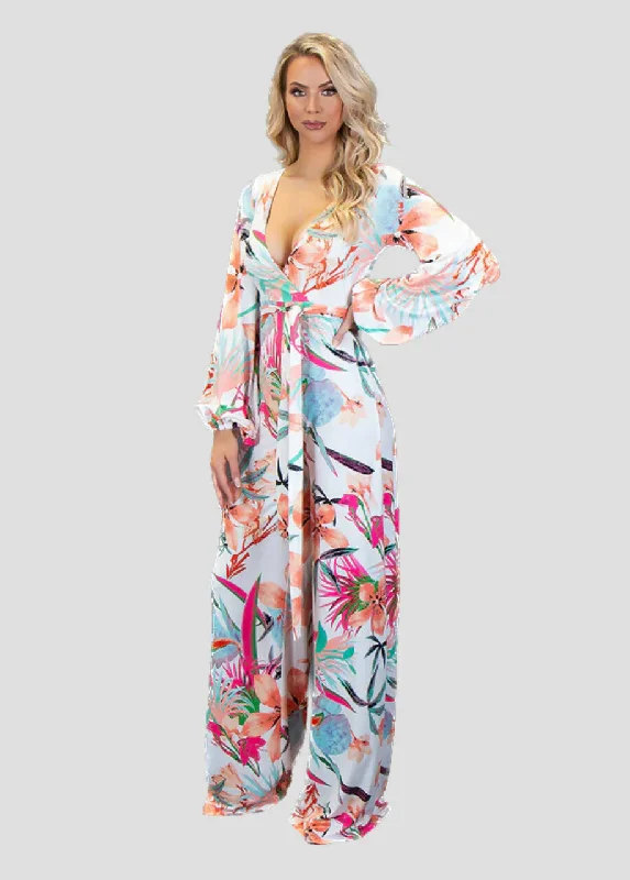 Maui Jumpsuit - White Tropical Floral maxi jumpsuit, Feminine, Elegant, Stylish