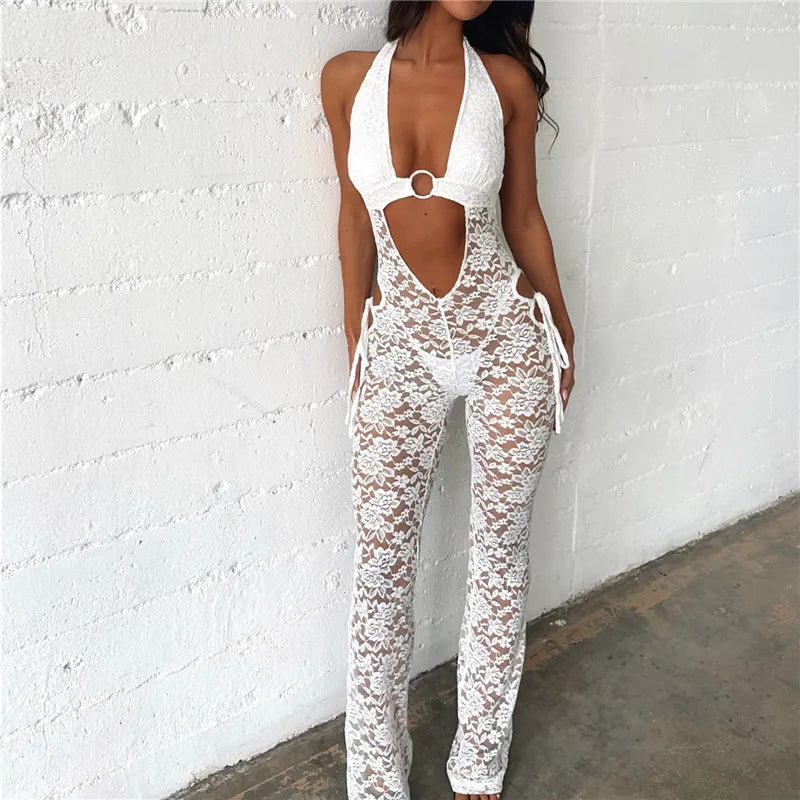 Mesh Sleeveless Open V Navel Jumpsuits Jumpsuit with belt, Waist tie, Slim fit, Fashionable