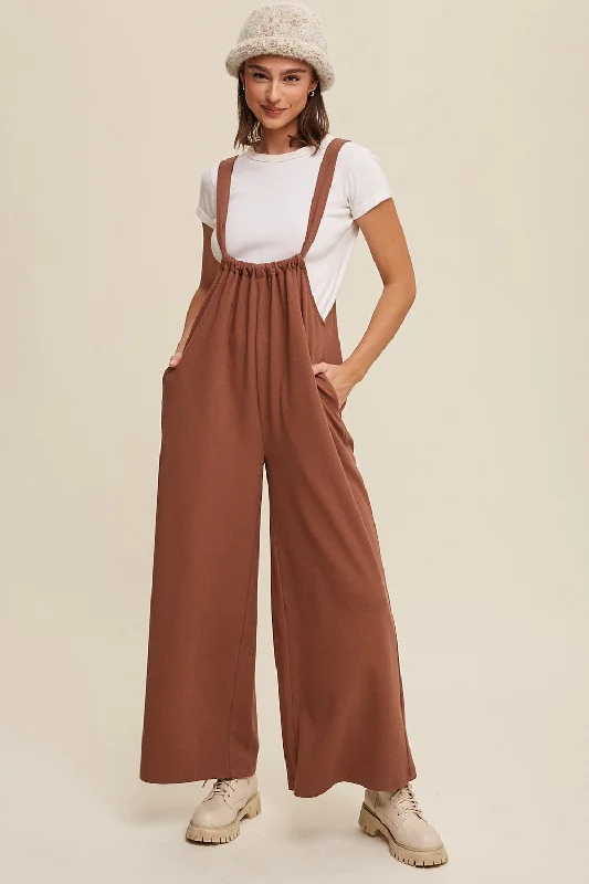 Mocha Ribbed Drawstring Wide Leg Jumpsuit Sleeveless jumpsuit, Elegant, Fashionable, Comfortable