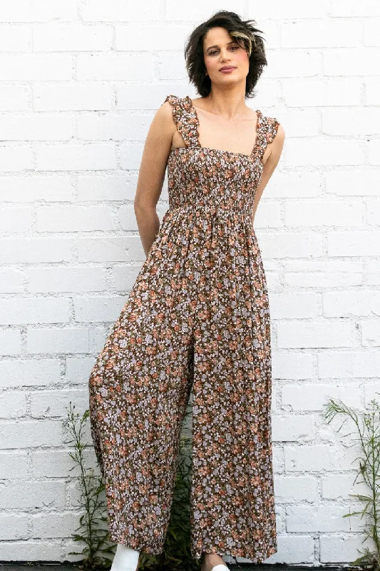 Mocha Sleeveless Floral Smocked Ruffle Jumpsuit Casual chic jumpsuit, Relaxed, Comfortable, Stylish