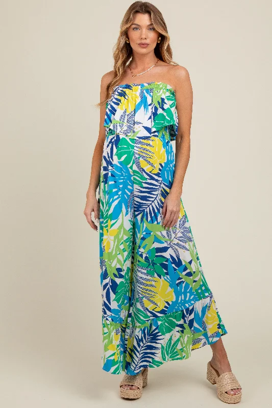Multi-Color Palm Strapless Ruffle Wide Leg Maternity Jumpsuit Minimalist jumpsuit, Sleek, Fashionable, Comfortable