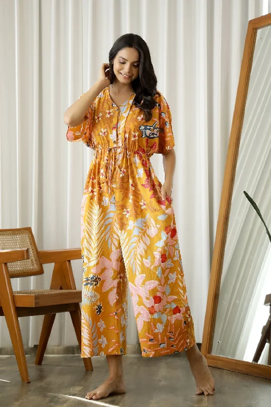 Mustard Printed Cotton jumpsuit loungewear Tie waist jumpsuit, Slim fit, Trendy, Comfortable