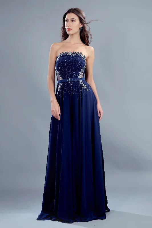 Navy Blue Crystal And Bead Embellished Jumpsuit Ruffle sleeve jumpsuit, Feminine, Elegant, Chic
