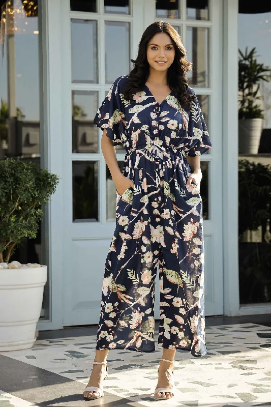 Navy Blue Printed Cotton  loose fit jumpsuit Pleated wide leg jumpsuit, Feminine, Elegant, Stylish