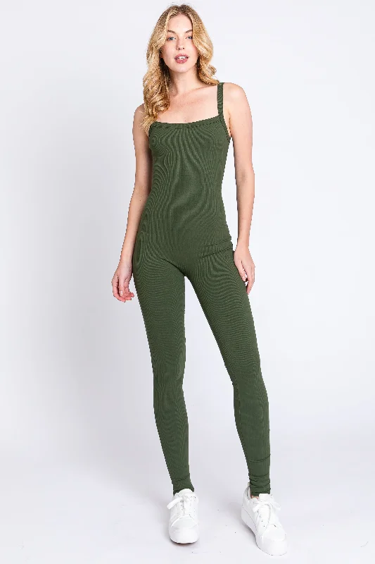 Olive Ribbed Sleeveless Jumpsuit Summer jumpsuit, Light fabric, Beachwear, Trendy