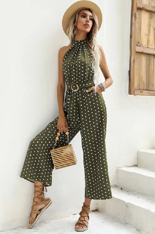 Polka Dots Print Funnel Neck Belted Jumpsuit Backless wide leg jumpsuit, Sexy, Comfortable, Trendy