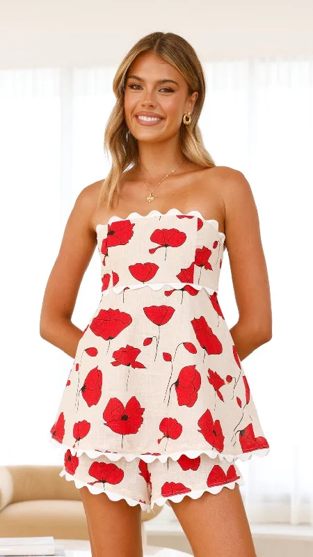 Poppy Playsuit - Red/Beige Jumpsuit romper, Comfortable, Playful, Casual