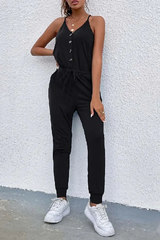 V Neck Sleeveless Button Down Spaghetti Strap Jumpsuit Deep V jumpsuit, Sexy, Elegant, Fashionable