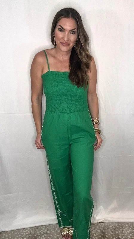 Queen of the Green Smocked Jumpsuit Halter jumpsuit, Sexy, Casual, Comfortable