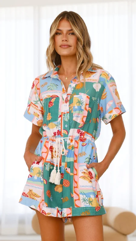 Rama Playsuit - Praia Print Double-breasted jumpsuit, Vintage, Elegant, Chic