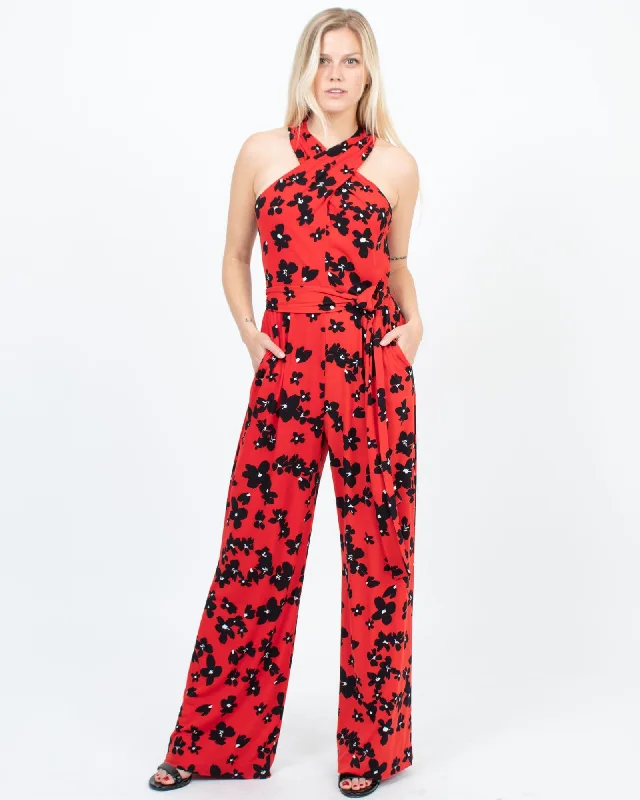 Red Floral Jumpsuit Silk jumpsuit, Luxurious fabric, Elegant, Evening wear