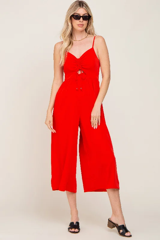 Red Sleeveless Ruched Drawstring Jumpsuit Backless jumpsuit, Sexy, Nightwear, Trendy