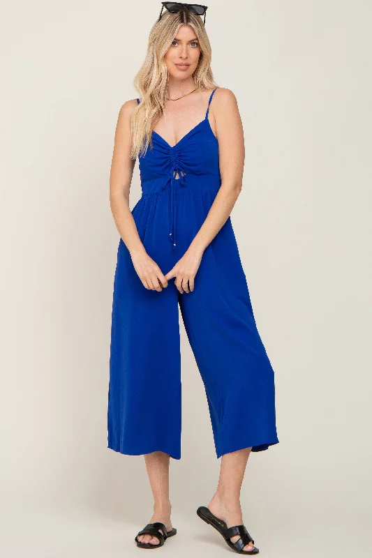 Royal Blue Sleeveless Ruched Drawstring Jumpsuit Ruffled jumpsuit, Feminine, Trendy, Stylish