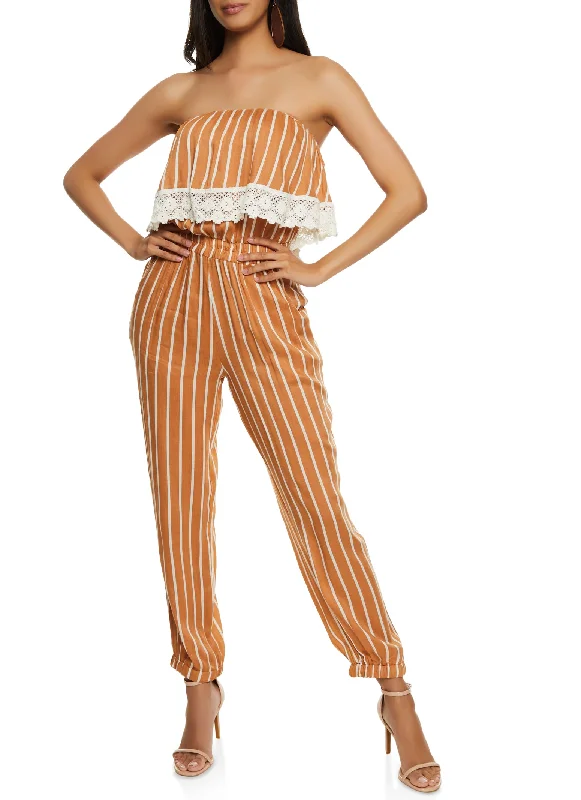 Striped Crochet Trim Strapless Overlay Jumpsuit Linen jumpsuit, Light fabric, Summer vibes, Relaxed