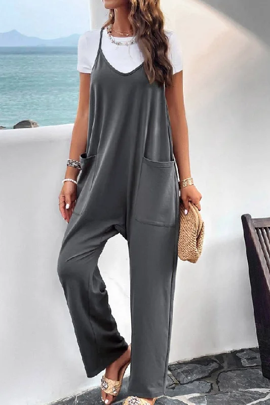 Sleeveless V-Neck Loose Jumpsuit (Charcoal) Slim fit jumpsuit, Tailored design, Chic, Stylish