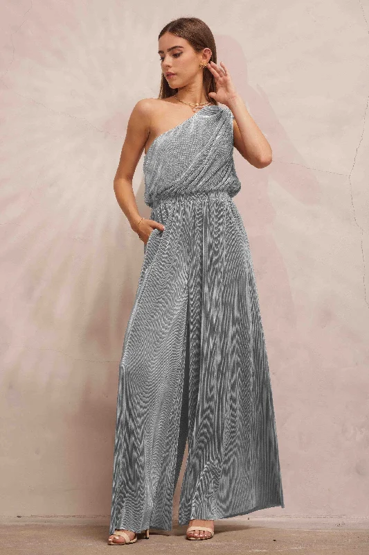 Stone Blue Asymmetric Pleated Jumpsuit Casual jumpsuit with pockets, Comfortable, Trendy, Street style