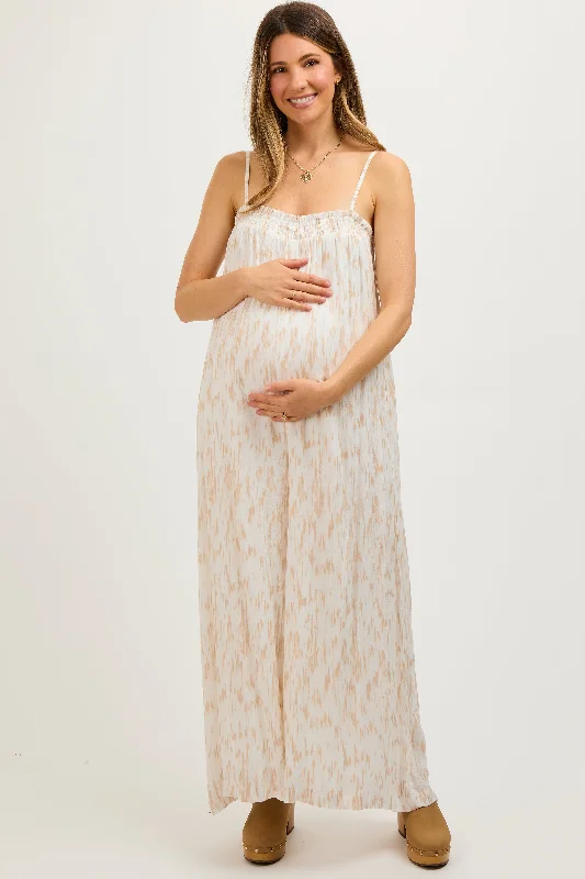 Taupe Printed Sleeveless Maternity Jumpsuit Silk jumpsuit, Luxurious, Elegant, Glamorous