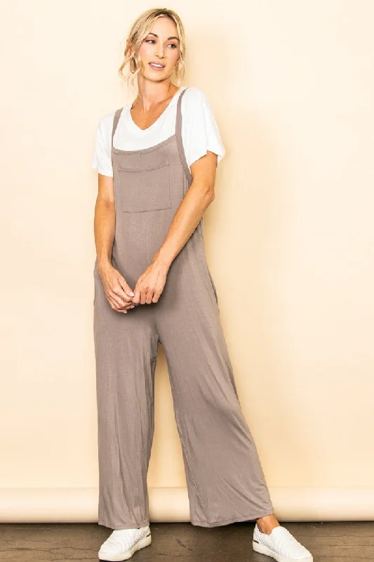 Taupe Sleeveless Pocketed Wide Leg Jumpsuit V-neck jumpsuit, Flattering, Sexy, Night out