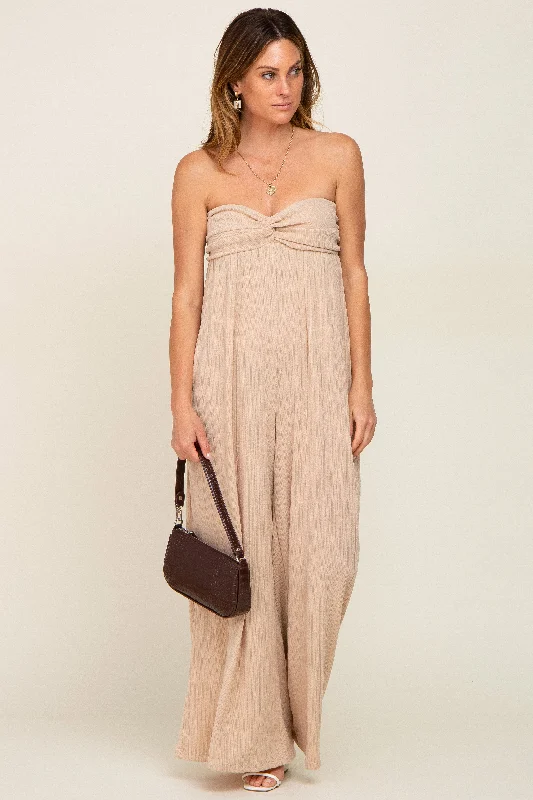 Taupe Strapless Front Twist Jumpsuit Wide leg denim jumpsuit, Street style, Casual, Comfortable